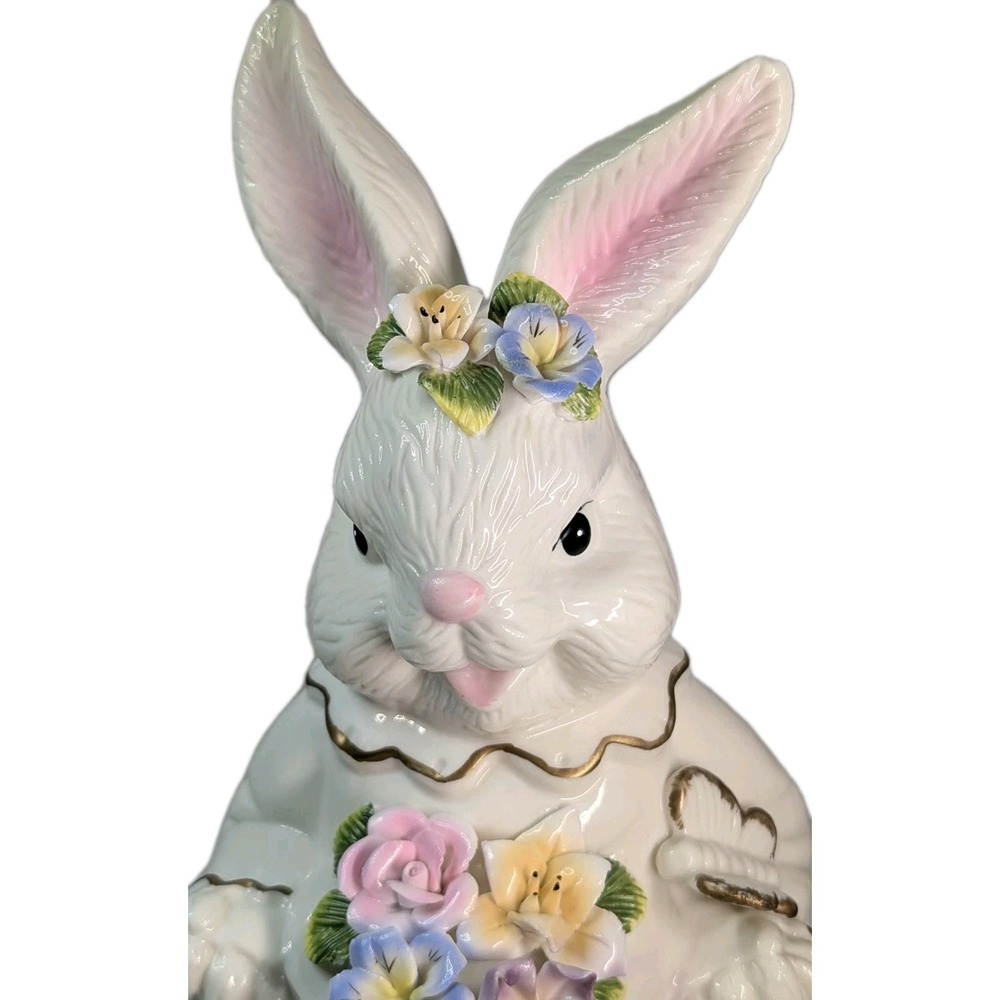 Cracker Barrel Musical Rabbit Easter Figurine Porcelain Floral Butterfly 12" NOS
